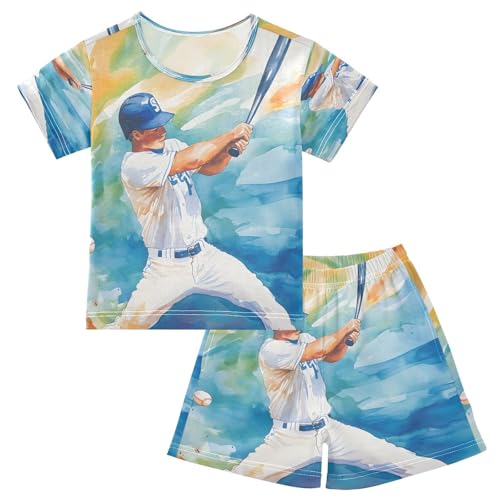 ALAZA Baseball Player Watercolor Pajamas Set Short Sleeve Cotton Sleepwear Summer Pjs 2 Piece 5-14Y