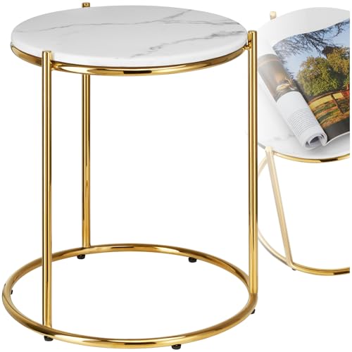 TecTake® Mesa Auxiliar Redonda, Mesita Centro Ovalada, Tapa de Mármol, Estructura Acero, Mesas Redondas Pequeñas, Mesita Auxiliar Comedor, Mesas Bajas, Decoración Mesa Salón - Blanco/Dorado