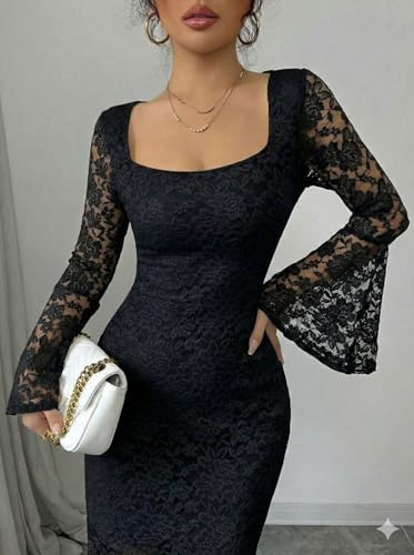 Image of Women Black Lace Bodycon Midi Dress | Square Neck Full Sleeve Dress | Slim Fit Evening & Cocktail Dress for Party, Birthday, Date Night & Wedding