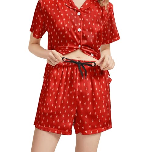 Image of Funny Pajamas for Women Set Print Satin Loungewear Pjs Short Sleeve Button Down Top and Shorts Sets Sleepwear XS-3XL