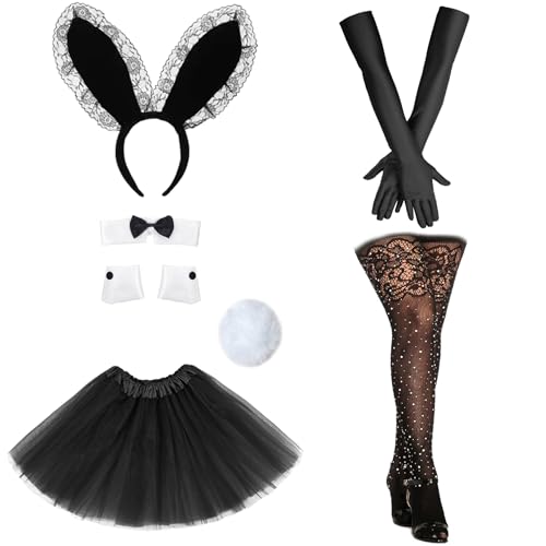 Vegove Bunny Girl Costume for Women-Rabbit Ear Headband, Collar with Bow Tie, Tutu Skirt for Easter Role Play Cosplay Parties (Black)