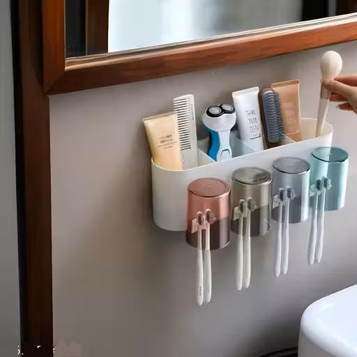 Image of Wall Mounted Toothbrush Holder with Magnetic Cups Bathroom Toothbrush Organizer 4 Section Multi Compartment Dustproof Brush Holder BPA Free Bathroom Storage Organizer Cup Design (Pack of 4)