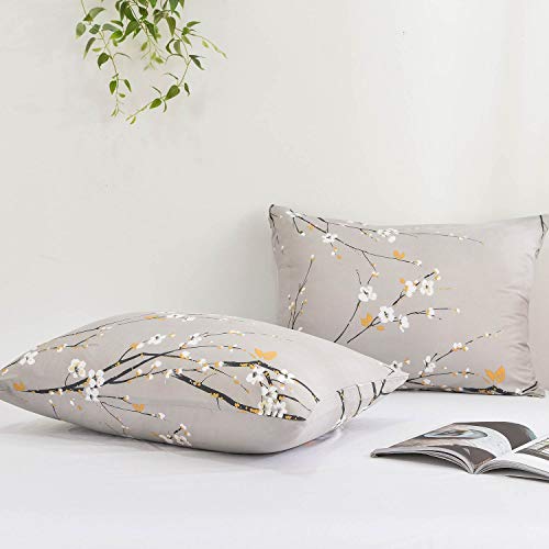 NANKO Floral Pillow Case Set (2 Pack), Tan Gray Plum Blossom Flower Pattern Printed Pillowcases/Pillow Shams - 20x30 inch Standard Queen Size