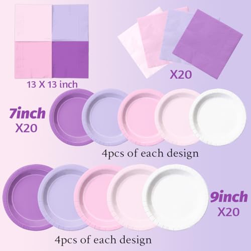 Image of CMUSKO Pink and Purple Decorations-60Pcs Purple Pink Plates and Napkins Lavender Light Pink Tableware Birthday,Birthday,Wedding