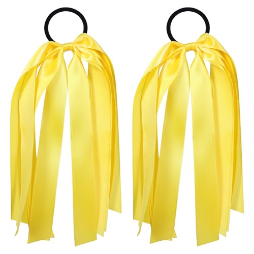 Yellow Ribbon Hair Ties Cheer Long Tassel Elastic Hairbands Handmade Girls Women Ponytail Holder Hair Accessories for Holiday Party