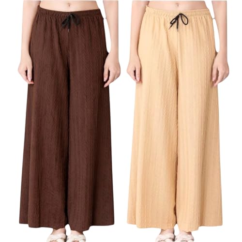 Image of Women Wide Leg Palazzo Pants Combo Pack of 2 |Trousers for Women | Loose Fit Textured Palazzo Pants for Women & Girls | Casual Lounge Travel Wear