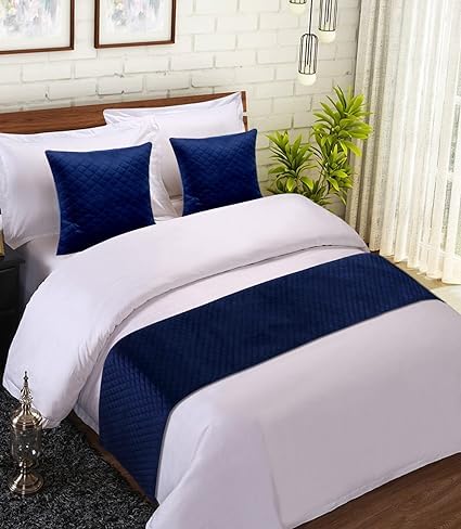 Wonder Decor Solid Quilted Velvet Bed Runner with 2 Matching Cushion Covers/Decorative Set for Bedrooms/Hotel Rooms/Guest Rooms (18 * 94, Navy Blue)-picture-14