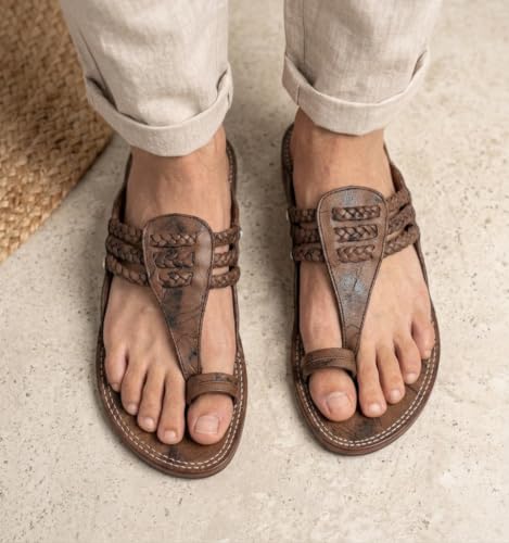 Image of Agadi Men's Kolhapuri Style Sandals | Handcrafted Woven Strap Toe Ring Chappals | Comfortable Ethnic & Casual Slip-On Footwear for Men