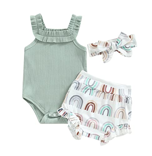 Image of 3pcs Toddler Girls Summer Outfits Ribbed Halter Crop Top Romper Bodysuit +Floral Bloomer Shorts+Headband Clothes Set