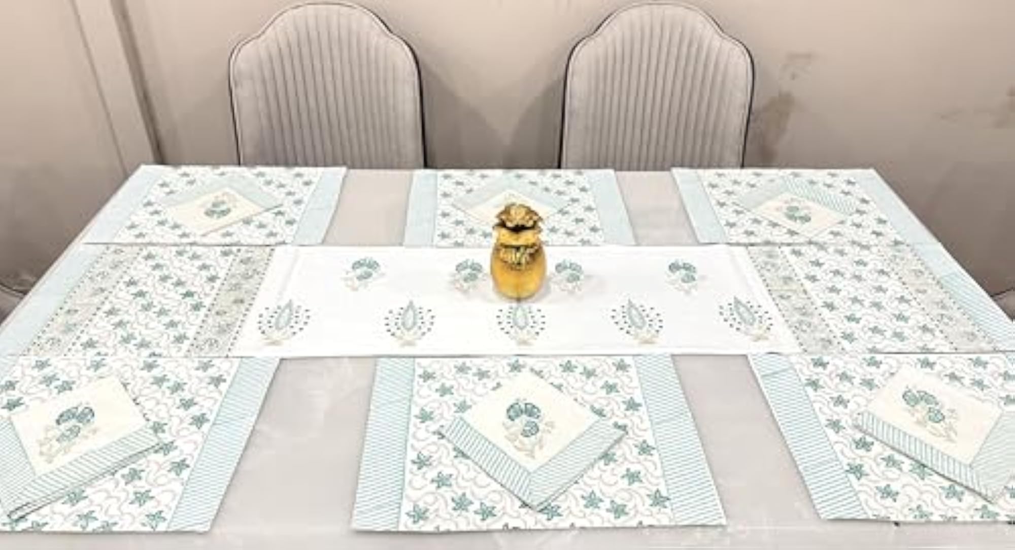Aqua Blossom Jaipuri Handblock Table Runner Set