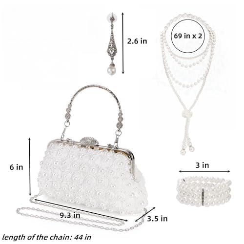 4 Pcs 1920s Pearl Jewelry Set, Include Beaded Pearl Clutch Bag with Chain, Dangle Faux Pearl Drop Earrings, Multi Strands Bracelet and Long Necklace, Flapper Costume Accessory for Party, Prom4