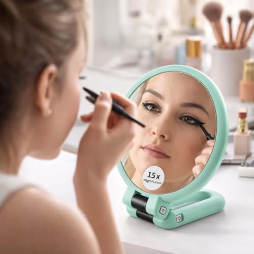 Image of 15X Magnification Double-Sided Folding Handheld Makeup Mirror, 1X /15X, Round, Portable Travel Mirror, 23x13.5x2 cm (Blue)