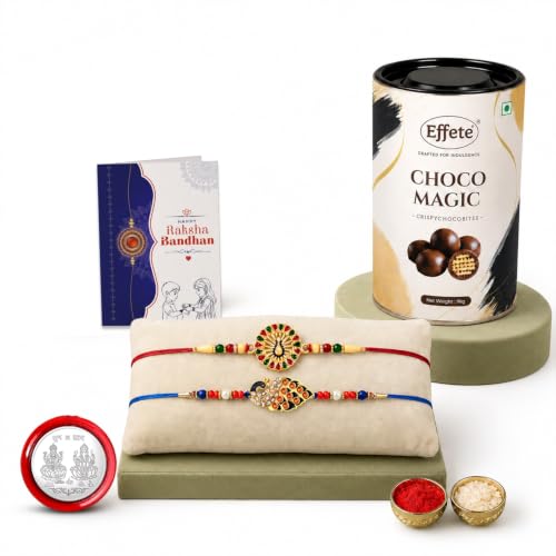 Image of DeoDap Rakhi with Chocolate for Brother - Peacock Design Colorful Rakhi 2 Pc with Choco Magic Chocolate 96 Gm, Greeting Card, Silver Color Coin & Tilak Set - Traditional Raksha Bandhan Combo Pack