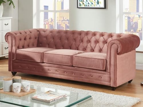 Image of Modern and Stylish 3 Seater Chesterfield Luxury Sofa with Valvet and Fabric Comfortable Sofa for Living Room, Dining Room, Hallway, and Office-(Pink).