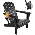 Magpie Fabrics Foldable Adirondack Chair with Cup Holder, HDPE Weather Resistant Oversize Outdoor Chair, Widely Used in Patio, Fire Pit, Deck, Porch, Garden, Campfire (Black)