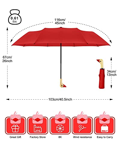 Leagera 46Inch Compact Umbrellas For Rain&Sun - Diameter 37Inch, Travel Umbrella Cute Duck Head Handle Design For Girls Gifts, 8 Ribs Folding Umbrella Lightweight And Small, Red #TOP4