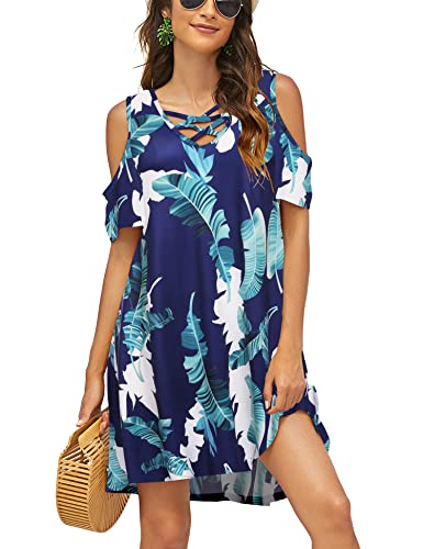 Bluetime Women Cold Shoulder Summer Dress Short Sleeve Beach Casual Loose...