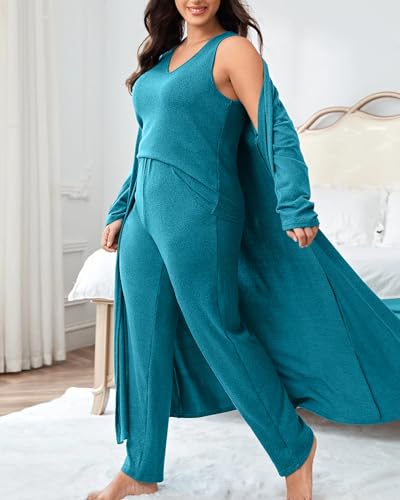 plus size 3 Piece Casual Cardigan Vest Pants Set, Women's Pajama Loungewear Set Casual Homewear Set3