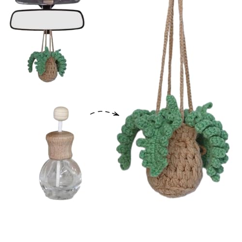 Image of Crochet Hanging Plant Car Air Freshener，10ml Empty Refillable Car Diffuser Bottle with Potted Plants Car Mirror Hanging Accessories Car Air Hanging Fragrance Oil Diffuser (Fern)