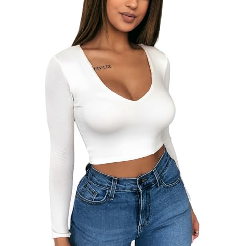 SamHeng Long Sleeve Crop Tops for Women Stretchy T-Shirt Ladies Short Plain Scoop Neck Top Sexy Slim Fit Casual Wear White-M