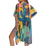 Cactus Long Swimsuit Coverup for Women Open Front Loose Fit Beach Travel Swim Cover Up for Women Seaside Summer Vacation Cover Ups Hawaiian Komono Cardigan