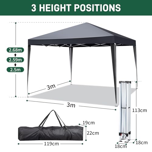 Bonnlo Pop Up Gazebo 3x3m, Easy Setup Instant Outdoor Canopy, Folding Garden Gazebo Party Tent (Grey) - Image 2