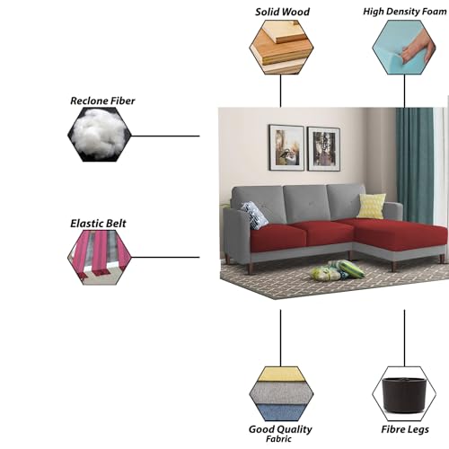 Image of Baloney RHS 4 Seater L Shape Sofa Set for Living Room (Maroon Grey Fabric) Premium Fabric Sofa
