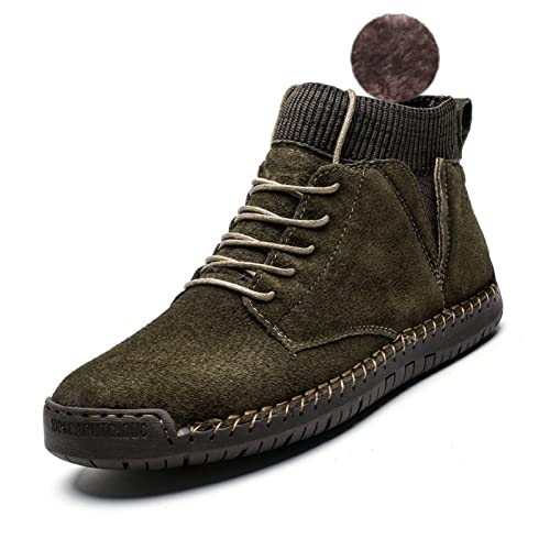 Image of Men's Vintage Hand Stitched Lace-Up Mid Loafers,Lace-up Chukka Dress Boot Motorcycle Walking Boots,Casual Leather Ankle Boots