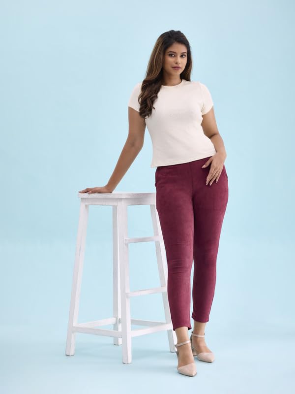 Image of GO COLORS Women Solid Mid Rise Suede Treggings
