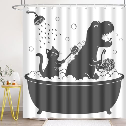 Image of Dinosaur Shower Curtain Funny Dino Cat for Kids Boys Trex Silhouette Animal Shadow Cartoon Black White Bathroom Waterproof Polyester Fabric 72Lx72W Inch with Hooks