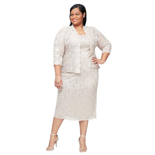 S.L. Fashions Women's Tea Length Sequin Lace Mother of The Bride Dress with Illusion Sleeve Jacket (Plus Size)