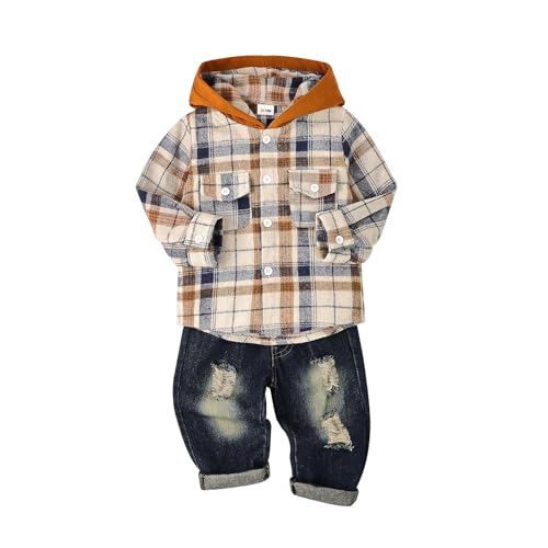 Image of ODIMAME Toddler Baby Boy Fall Winter Clothes Long Sleeve Plaid Hooded Sweatshirt Ripped Holes Jeans Set 1-5 Years Old