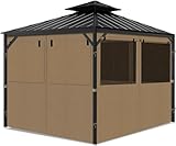 Gazebo Privacy Curtains 10' x 12' with Mosquito Windows, 4-Panels Side Wall with Zipper Universal Replacement for Patio, Outdoor Canopy, Garden and Backyard, Khaki (Curtain Only)