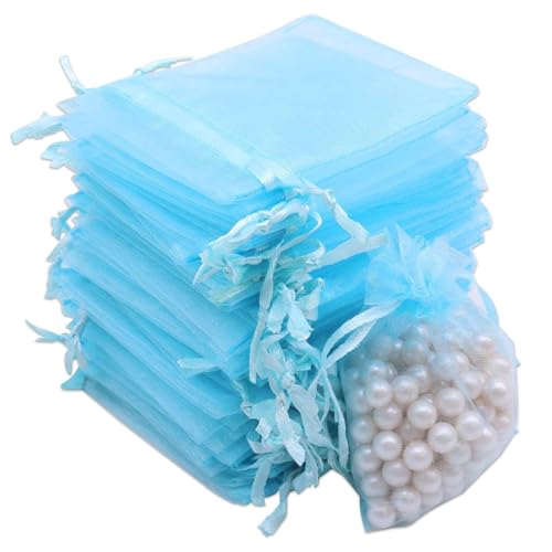 JOOTUEPO Lot De 100 Bleu Clair Sachets En Organza, 7 x 9 cm Petits Sachets Cadeaux en Organza avec Cordon de Serrage, Pour Bonbons, Sachet De Mariage, Bijoux