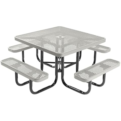 Coated Outdoor Furniture Heavy-Duty Portable Outdoor Picnic Table with Umbrella Hole, Expanded Metal Commercial-Grade Patio Dining Furniture Made in America (46" Square Top, Grey) Cover