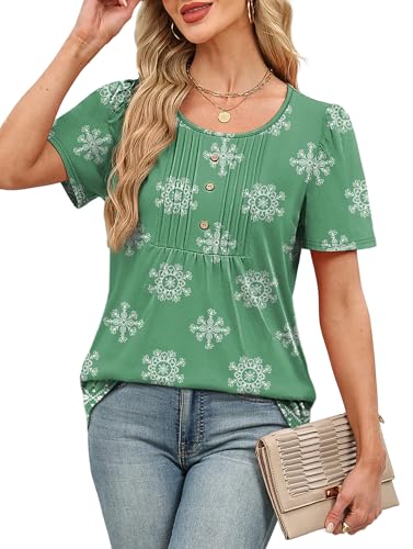 Image of Womens Tops Dressy Casual Blouses Short Sleeve Shirts Plus Size Fashion Clothing Spring Summer Outfits Button Pleated Front
