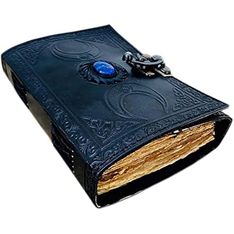 LAKECITY LEATHER CRAFT Handmade Leather Journal Lapis Stone Crystal Black Triple Moon - Book of Shadows, Antique Deckle Edge Paper - Sketchbook, Grimoire, Blank Spell Book, Sacred Geometry Cover