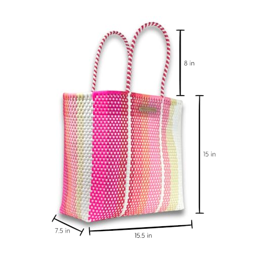 Image of MARIA VICTORIA Handwoven Plastic Mexican Tote Bag Large For Women, Waterproof, Lightweight, Multi-Color Design, Perfect for the Beach, Shopping, and Everyday Use, Coral Large