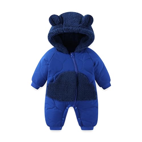 JiAmy Baby Snowsuit Winter Romper Hooded Boys Girls Jumpsuit Bear Thick Windproof Cap Infant Winter Clothes 12-18 Months Navy Blue