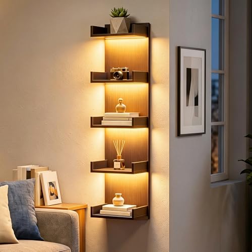 Image of HOOBRO Floating Wall Shelf with LED Lights, Floating Shelf Wall Mounted for Storage, Vertical Display Stand, Modern Column Rack, for Bedroom, Livingroom, 5-Tier, 45.7 Inches, Black, BK51DBJ01N1