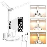 SHIZII Flexo LED de Escritorio 3 Modos de Luz y Brillo Regulable | Lámpara de Doble Punta con Pantalla LED y Portalápices | Ideal para Leer,AlimentacióN Mediante ConexióN USB