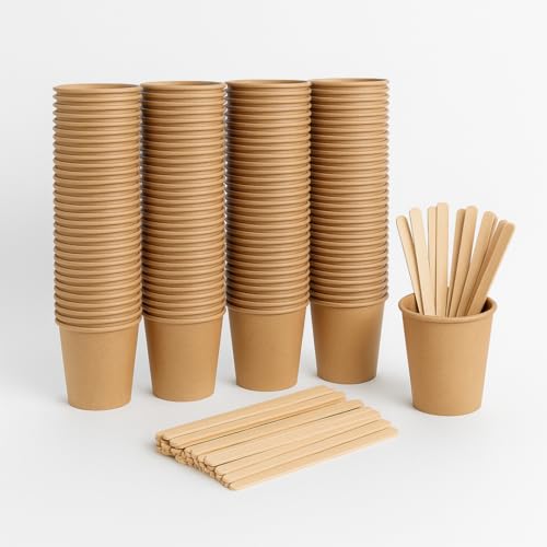 Pack 1000 Vasos Kraft 120 ml+2000 Agitadores de Madera 14 cm | Desechables, Kraft Natural | Uso Alimentario | Compostables y Reciclables | Cafeterías, Eventos, Take Away