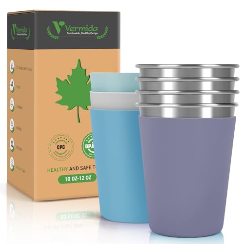 Vermida Stainless Steel Cups for Kids and Toddlers, 12oz Stackable Stainless Steel Kids Cups with Silicone Sleeves Sweat Proof, Unbreakable Metal Cups for Home & Outdoor, BPA Free (4 Pack)