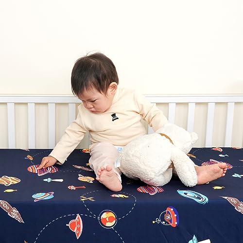 Image of PHF Soft Space Crib Sheet Fitted, 2 Pack Silky Comfy Breathable Polyester Baby Sheets for Boys Girls,28x52x9in Fits Standard Crib and Toddler Mattresses, Space