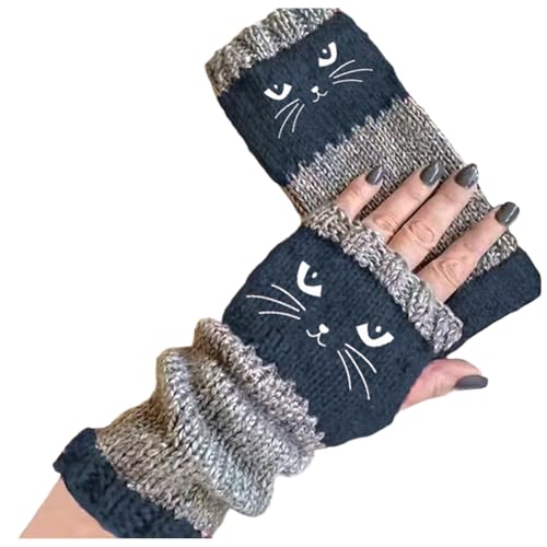 Generisch Guantes para mujer Guantes cálidos unisex con dedos abiertos forrados Navidad Guantes de punto Bordado Guante de punto cálido de invierno Guantes de invierno A04 azul marino talla única