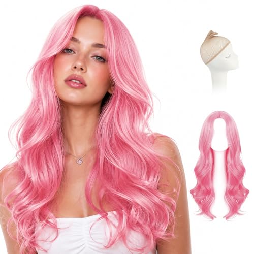 Long Pink Wig for Women 28 Wavy Curly Synthetic Hair Heat Resistant Light Pink Wigs Natural Looking Womens Wigs with Hairnet for Fancy Dress Cosplay Halloween & Party