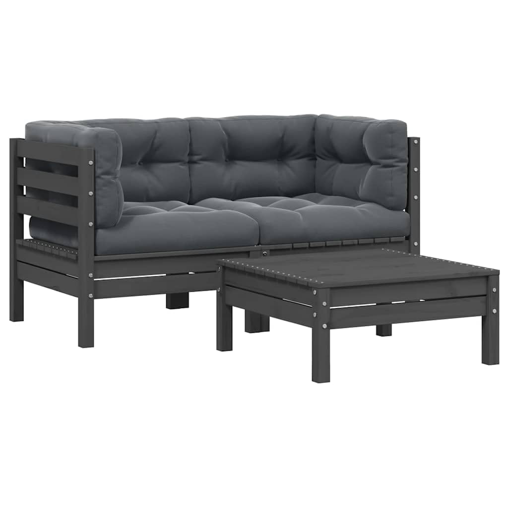 3-Piece Grey Garden Lounge Set with Corner Sofa and Footstool, Modular Outdoor Furniture for Patio Balcony Conservatory, Solid Pinewood Frame and Polyester Cushions,