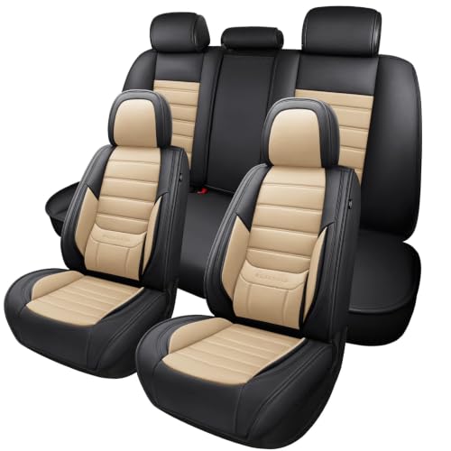 Image of MINGBRON Car Seat Covers Full Set, Brown Car Seat Cover Lumbar Support, Car Seat Protector Waterproof, Nappa Leather Car Seat Cushion, Front Seats and Back Fit for Most Cars Beige