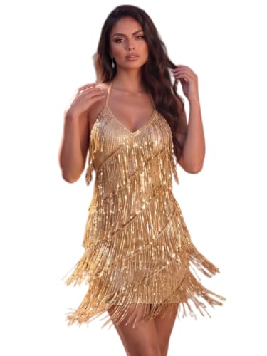 Image of houstil 1920s Sequin Dress for Women V Neck Halter Gatsby Flapper Dresses Tie Back Formal Club Party Evening Gown