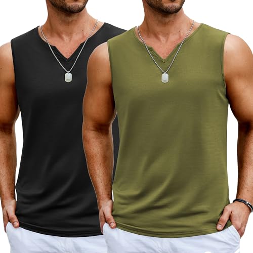 COOFANDY Casual Sleeveless Shirts for Men Cotton V Neck Tank Tops Summer 2 Pack Workout Gym Muscle Tee